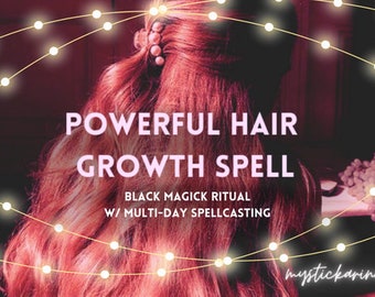 May include: Long wavy reddish-brown hair styled with a pearl-accented hair clip. Text overlay reads: POWERFUL HAIR GROWTH SPELL, BLACK MAGICK RITUAL, W/ MULTI-DAY SPELLCASTING, and mystickarine. A string of glowing white fairy lights frames the image.