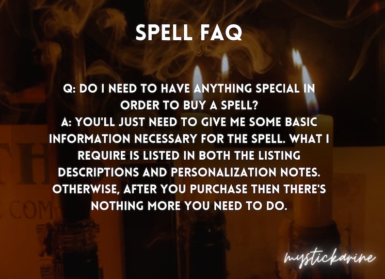 May include: Image with text "SPELL FAQ" and a question about buying spells. The answer explains the need for basic information and where to find it. The background features candles and smoke.
