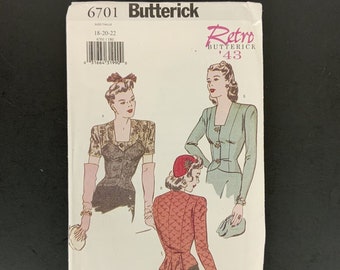 Butterick 6701 Misses or Petite Retro 1943 Blouse Sz 18-22 Sewing Pattern UNCUT