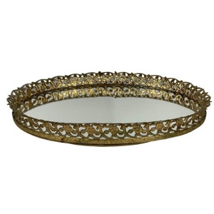 Vintage Oval Vanity Tray Gold Gilt Metal Filigree Mirror Hollywood Regency 1950s