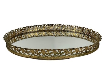 Vintage ovale Eitelkeitsschale Gold Vergoldetes Metall Filigraner Spiegel Hollywood Regency 1950er Jahre