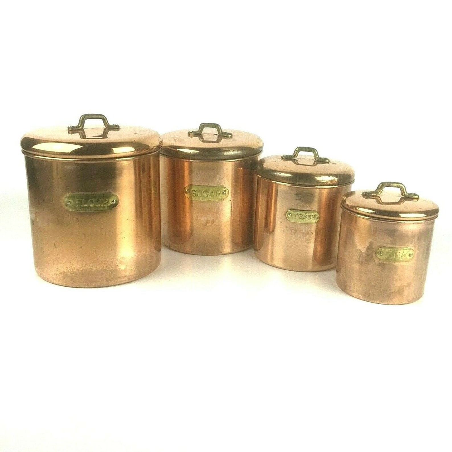 Copper Kitchen Canisters Set of 4 Brass Label Plates & Handles Etsy