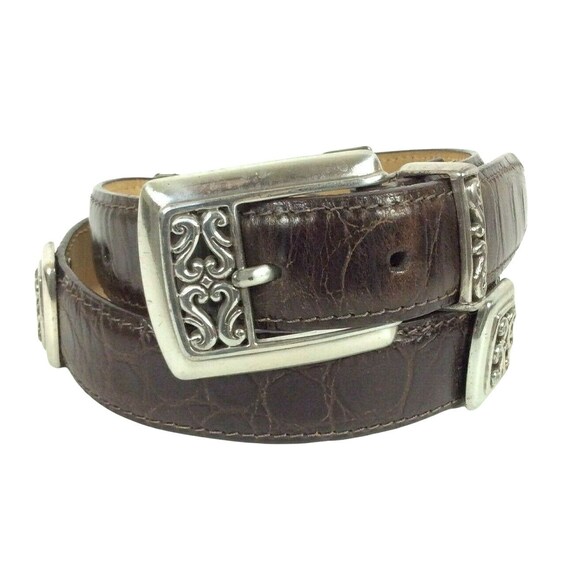 Rare Vintage Brighton Brown Leather Concho Belt – Size Medium BRIGHTON Belt Brown Woven Croc Leather Concho Rhinestones  main image 4