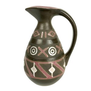 Art Pottery Boho Style Ceramic Oil Syrup Pitcher Brown & Red Graphic Design
