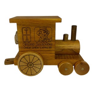 Vintage 1983 Toystalgia Wooden Train Coin Bank Color Bubbles Chew-Chew Express