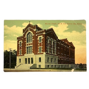 Cartão postal colorido do Templo Maçônico Kansas City KS dividido atrás c1910