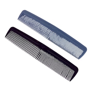 May include: Two plastic combs. One is black, the other is a muted blue. Both combs have fine teeth and a rounded shape. The combs are positioned diagonally against a white background. The combs are for hair care.