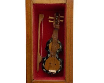 Miniature Handcrafted Wooden Violin Mother of Pearl Inlay Bow Decorative Box