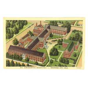 Cartão postal vintage do Hospital St. Anthony, Oklahoma City, vista aérea, vintage, década de 1930, sem uso