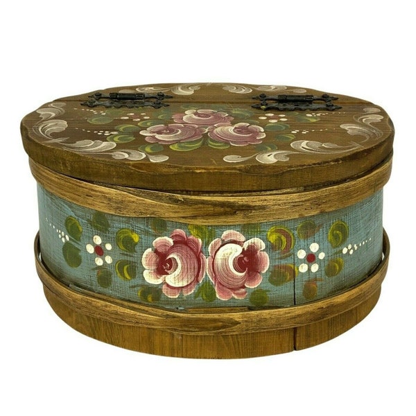 Hand Painted Wooden Barrel Box Floral Hinged Lid Rustic Farmhouse Cottage Stash