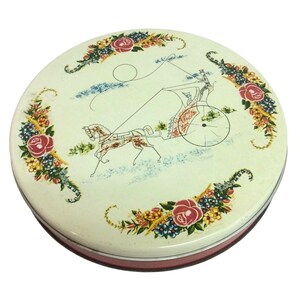 Horse And Carriage Vintage Round Tin Canister Red Roses Flowers Cottage Storage