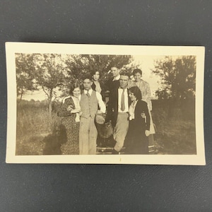 Vintage Black & White Photograph Young Couples Group With Car Snapshot c1930-40s