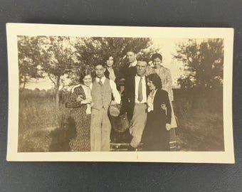 Vintage Black & White Photograph Young Couples Group With Car Snapshot c1930-40s