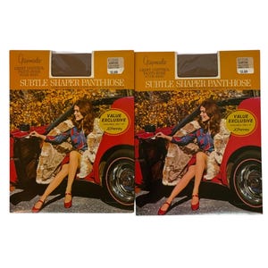 May include: Two packages of vintage 'Gaymode' pantyhose. The packaging features a woman in a red car. The text on the packaging reads 'Subtle Shaper Panti-Hose' and 'Light Control'. The packaging also includes the text 'Value Exclusive' and 'JCPenney'.