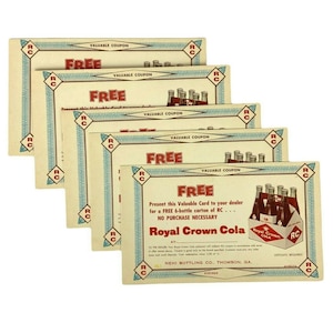 Free Royal Crown RC Cola 5 Coupons Nehi Bottling Co Vintage Advertising 50s 60s
