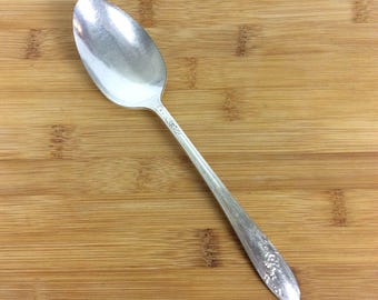 May include: A silver spoon with an ornate design on the handle. The spoon is lying on a wooden surface.