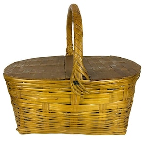 Vintage Wicker Picnic Basket With Wood Double Hinged Lid Farmhouse Style