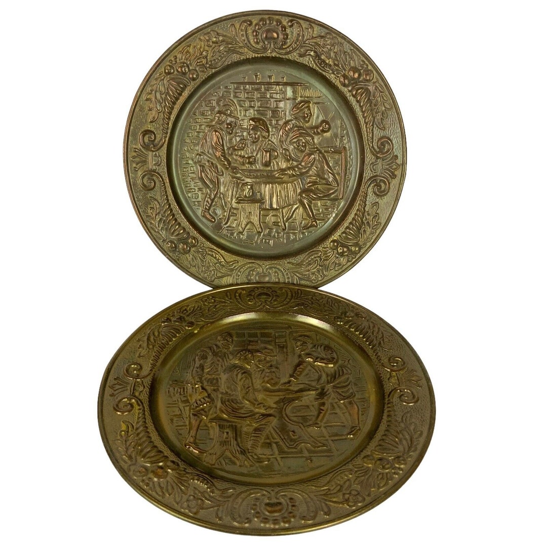 Elpec England Brass Chargers Plates Embossed Pub Tavern Scenes Vtg Wall