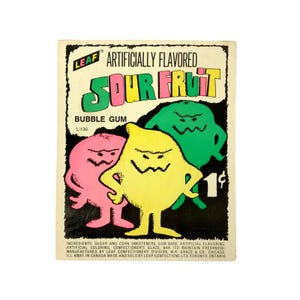 Vintage 1970er Jahre Blatt Sour Fruit Bubble Gum Verkaufsautomat Karte Insert Werbung