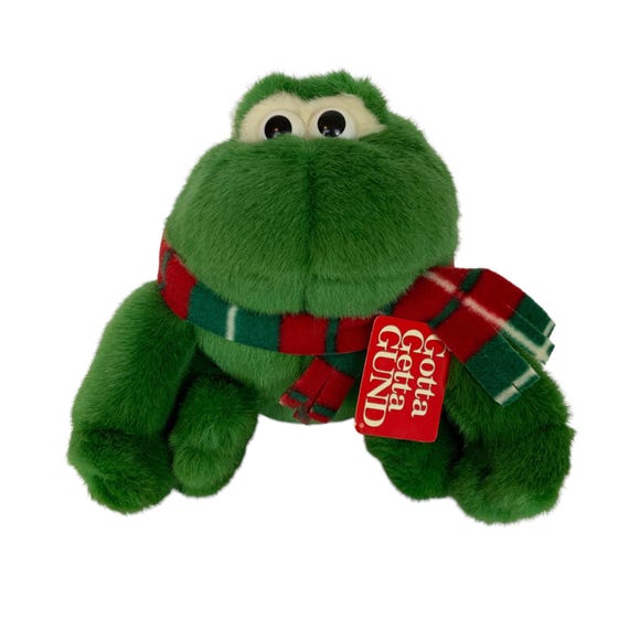 Vintage Gund Christmas Frog Plush Green With Hat Scarf Holiday