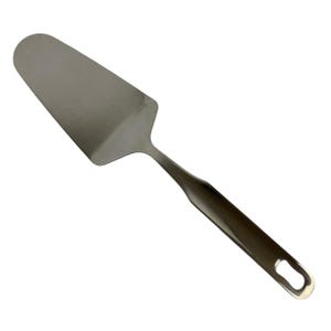 May include: A silver-colored stainless steel cake server with a triangular, flat blade and a smooth, elongated handle. The handle features a small, rounded cutout at the end, designed for hanging the utensil when not in use.