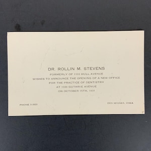 Cartão de visita vintage de 1931 para consultório odontológico Dr. Rollin M Stevens, Des Moines, Iowa