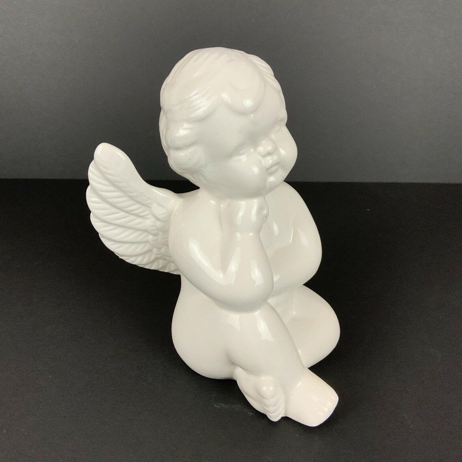 天使の置物☆陶器 光沢のある白いセラミック製の天使の置物、考える人、座像、6.5