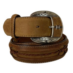 Justin Mens Western Belt Sz 38 Brown Genuine Leather Braided Inset Cowboy Rodeo