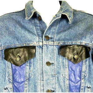 Levis Denim Trucker Jacket Sz 44L Customized Black Blue Faux Leather Insets
