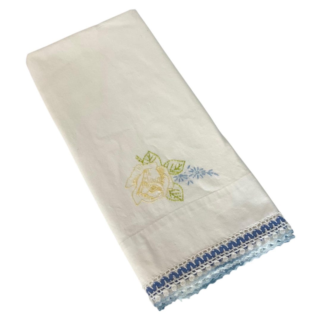 Hand Embroidered Standard Single Pillowcase Yellow Rose Blue White Trim ...