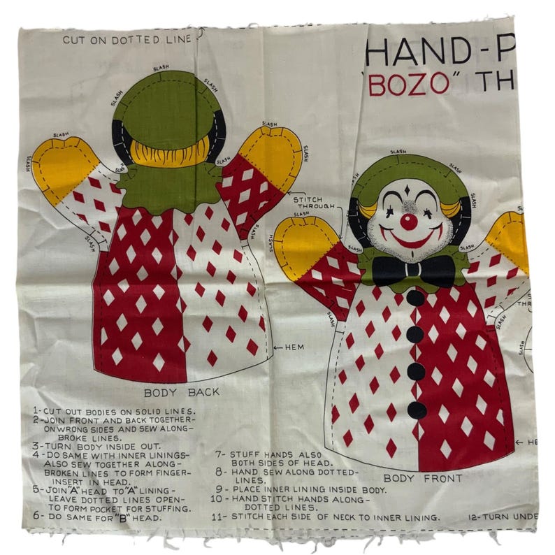 Diamond Puppet Vintage Bozo the Clown Hand Puppet Cut and Sew Fabric Panel Craft ...