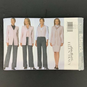 Może przedstawiać: Wzór szycia na damską kurtkę i spódnicę, zaprojektowany przez Lindę Allard dla Ellen Tracy. Wzór pochodzi od Buttericka i jest w rozmiarze 6-8-10. Wzór pokazuje cztery różne style kurtki i spódnicy.