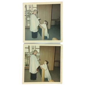 Vintage 1970s First Communion Color Photos Boy & Girl at Altar with Pastor