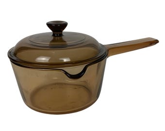Cacerola Corning Vision de vidrio ámbar de 1 litro con tapa, resistente al calor, estilo vintage.