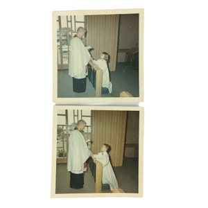 First Communion 2 Color Photos Boy Girl Pastor Altar Prayer Religion Vtg 70s