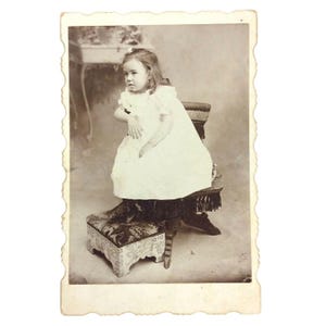 Antique Cabinet Card Photo Studio Portrait Of Toddler Girl In Fringed Chair