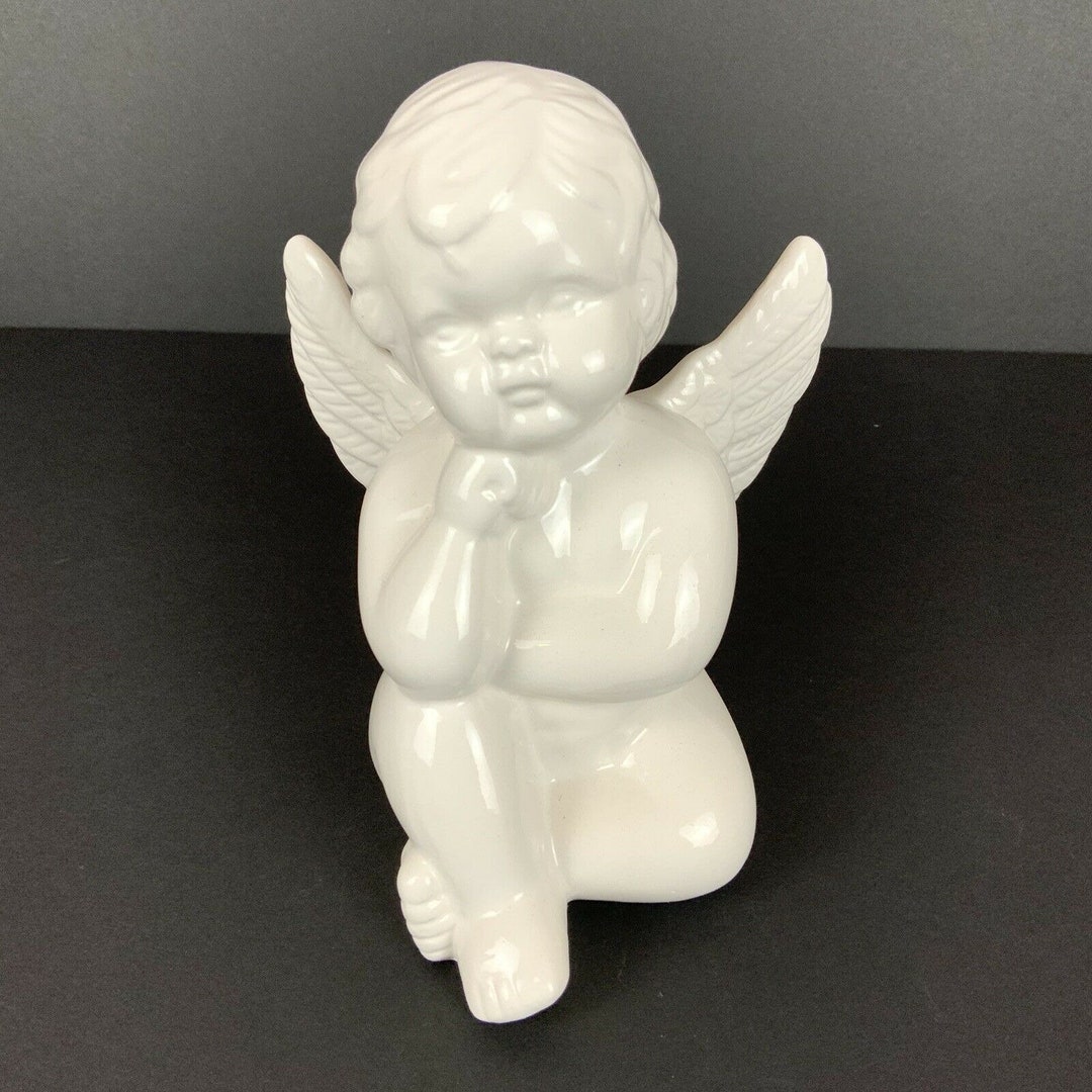 Cherub Angel Baby Figurine Ceramic White Glossy Seated Thinker Etsy