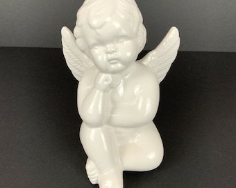 Cherub Angel Baby Figurine Ceramic White Glossy Seated Thinker Shelf Decor