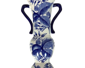 Keramik Blau & Weiß Blumen Wand Taschenvase mit Dual Griffe Chinoisere