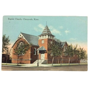 Kościół Baptystów Cherryville Kansas KS Pocztówka Kolorowana ręcznie Vtg 1919 Opublikowano