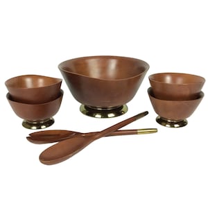 Kromex Wood Brass Salad Rice Serving Bowl Utensils 7 Piece Set Mid Century Japan