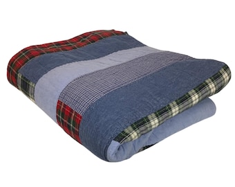 Twin Size Denim Plaid Patchwork Quilt By Room Gear Blue Red Cotton Lightweight
