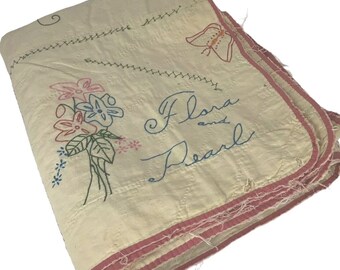 Edredón de flores de bloque bordado a mano Cuadrados personalizados Oklahoma Vtg TATTERED