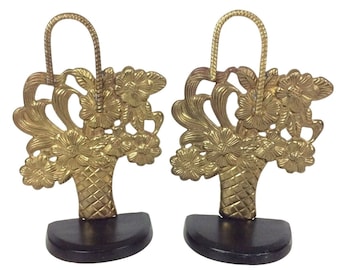 Brass Flower Basket Daisy Bookends 3D Cast Metal Base Ornate Antique Cottage
