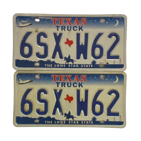 Retired Texas Truck License Plate Pair 6SX-W62 Man Cave Lone Star