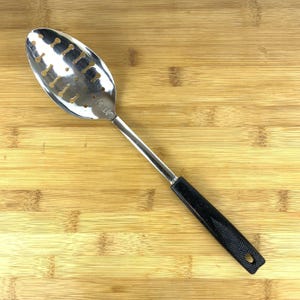 Vintage Ekco Slotted Spoon Chrome Plated Steel Black Handle Kitchen Utensil USA