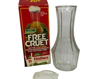 Salero y vinagrera de vidrio Good Seasons para aderezo de ensaladas italiano, con tapa original y caja vintage.