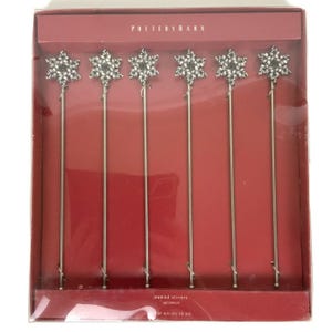 Pottery Barn Jeweled Drink Stirrers Set Of 6 Snowflake Silvertone Bling Holiday