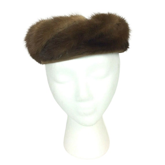 Mink Hat Velvet Pillbox Ladies 22 in Real Fur Bro… - image 1