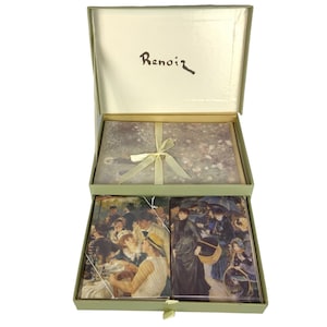 Caja abierta de papelería con arte impresionista de Renoir, cartas, tarjetas, sobres